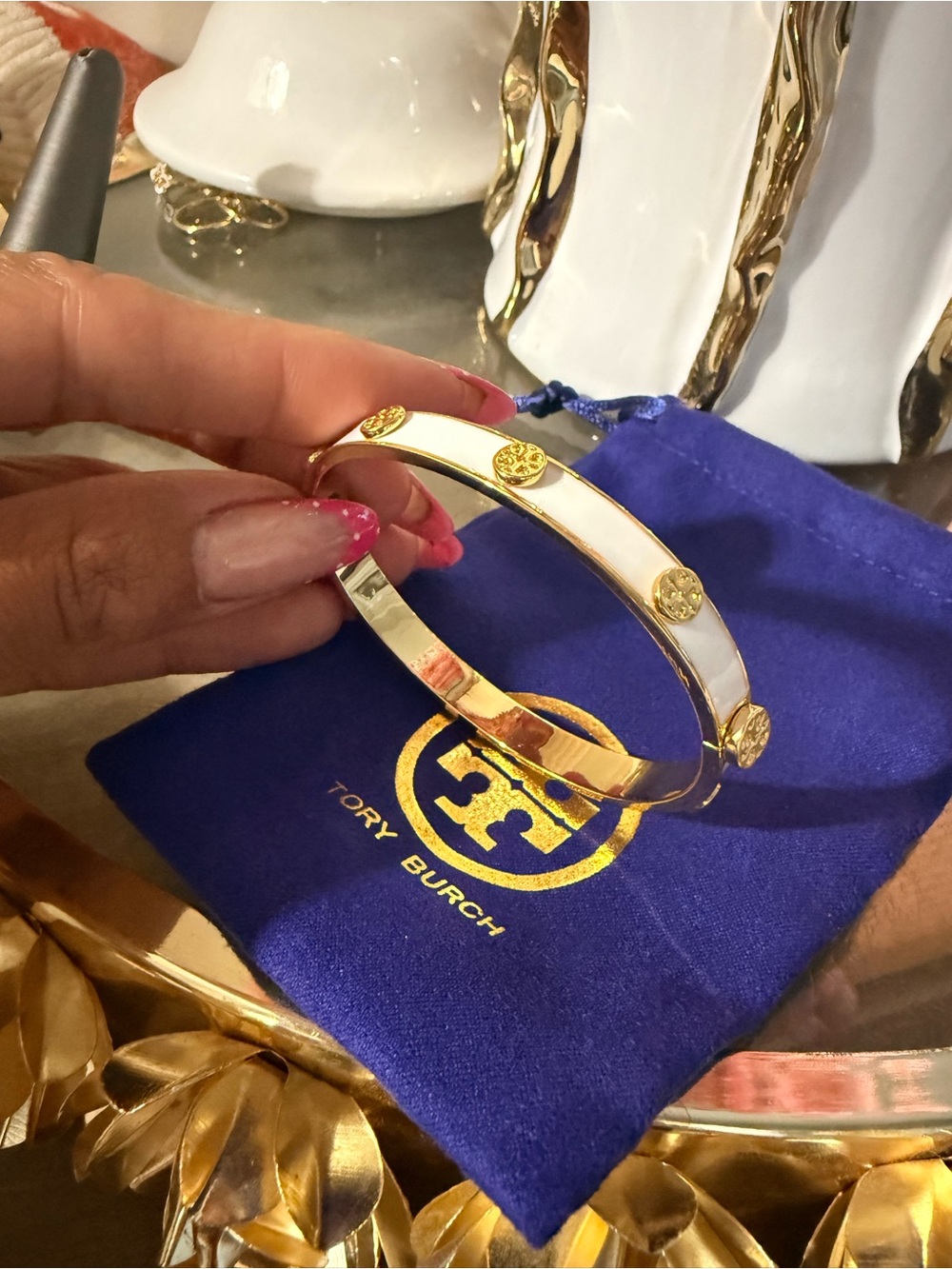 Tory Burch White and Gold Logo Enamel Bangle 6.25 diameter
